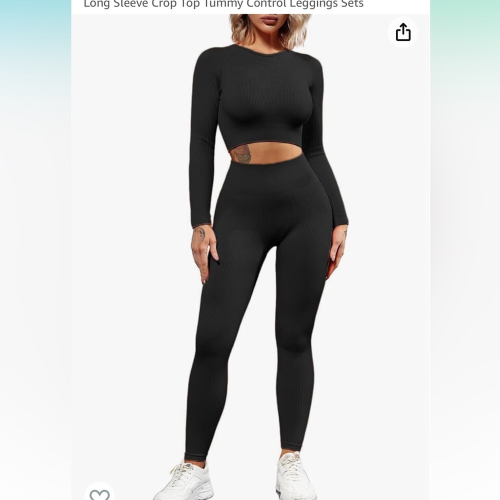 QINSEN Seamless Workout  2 Piece Ribbed Long Sleeve tummy Control Leggings large